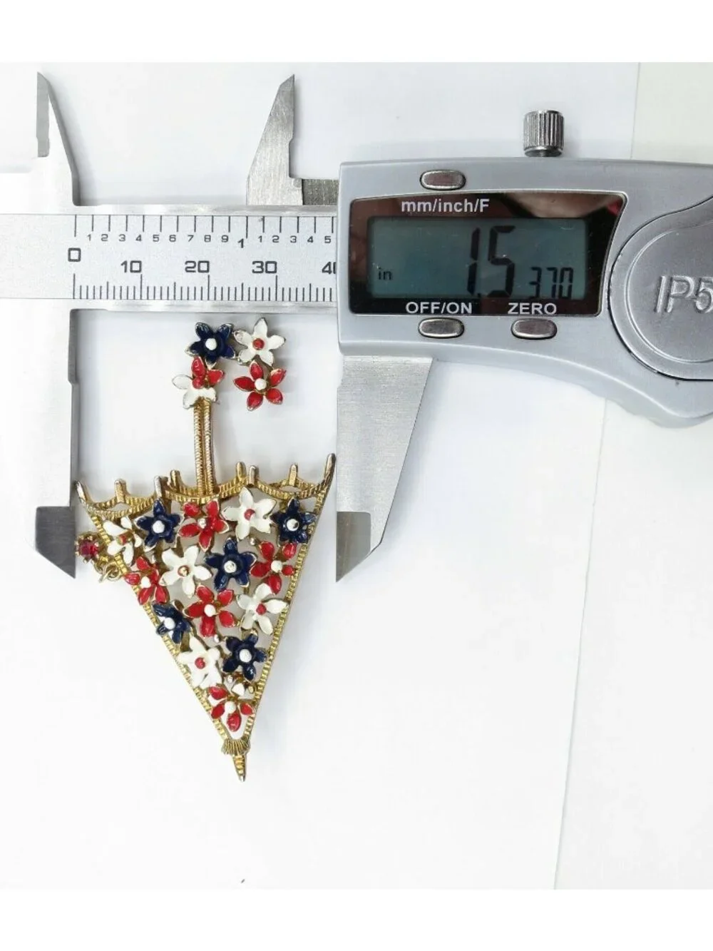 Lisner Umbrella Brooch, Rhinestone Dangle Red White Blue Enamel Flowers Pin, A16